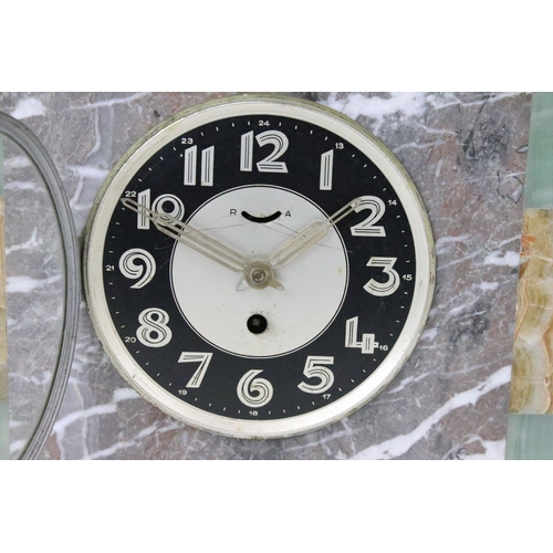 164 - Three Art Deco marble mantle clocks c.1925 -1935 one example with circular face and decorative heron... 