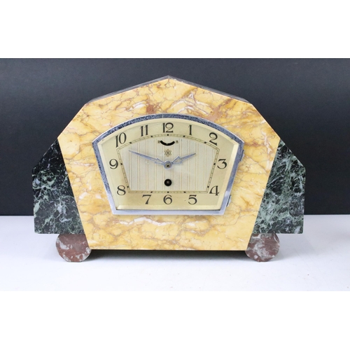 164 - Three Art Deco marble mantle clocks c.1925 -1935 one example with circular face and decorative heron... 