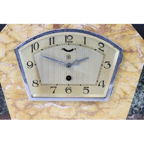 164 - Three Art Deco marble mantle clocks c.1925 -1935 one example with circular face and decorative heron... 