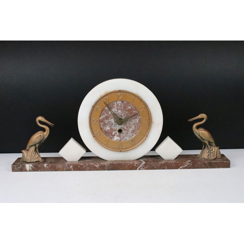 164 - Three Art Deco marble mantle clocks c.1925 -1935 one example with circular face and decorative heron... 