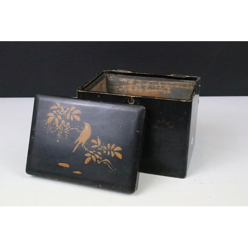 168 - Black lacquer Japanese lidded tea caddy box with hand painted bird and foliage detail, H 15.5cm D 13... 