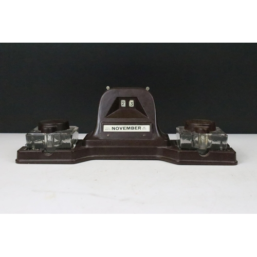 169 - Velos 'Regal' model Bakelite desk set comprising of tray, two glass inkwells with Bakelite lids and ... 