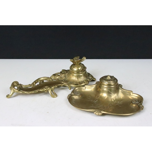 170 - Art Nouveau cast brass and porcelain inkwell pen rest with bird lid W 23cm together with a Victorian... 