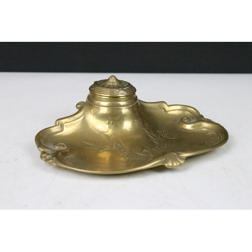 170 - Art Nouveau cast brass and porcelain inkwell pen rest with bird lid W 23cm together with a Victorian... 