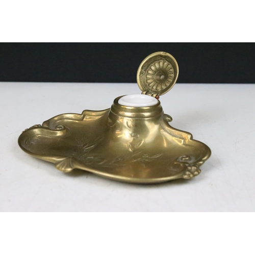 170 - Art Nouveau cast brass and porcelain inkwell pen rest with bird lid W 23cm together with a Victorian... 