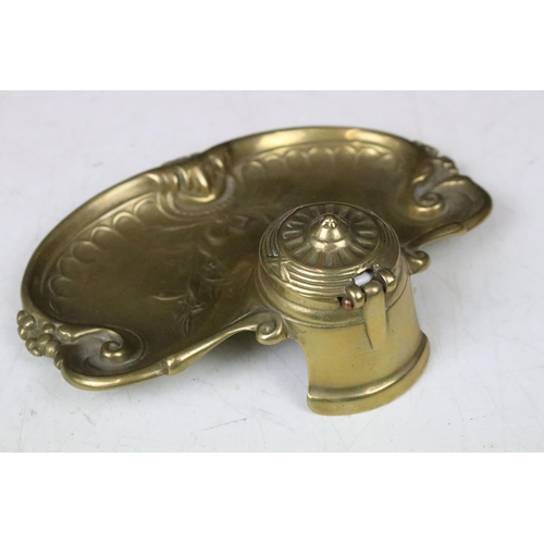 170 - Art Nouveau cast brass and porcelain inkwell pen rest with bird lid W 23cm together with a Victorian... 