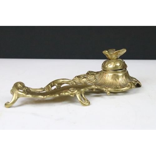 170 - Art Nouveau cast brass and porcelain inkwell pen rest with bird lid W 23cm together with a Victorian... 