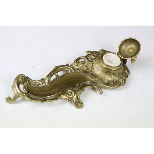 170 - Art Nouveau cast brass and porcelain inkwell pen rest with bird lid W 23cm together with a Victorian... 