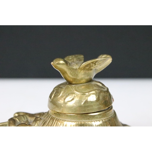 170 - Art Nouveau cast brass and porcelain inkwell pen rest with bird lid W 23cm together with a Victorian... 