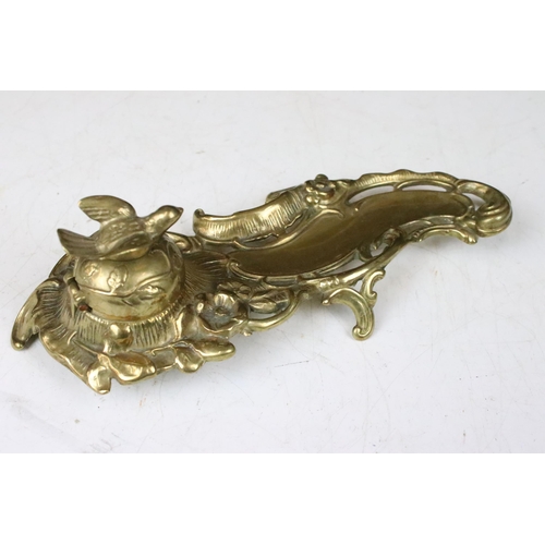 170 - Art Nouveau cast brass and porcelain inkwell pen rest with bird lid W 23cm together with a Victorian... 