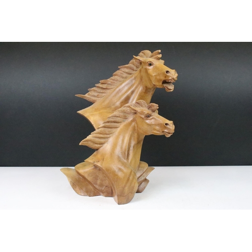 178 - Wooden carved art two horse heads sculpture, H 32cm