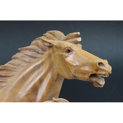 178 - Wooden carved art two horse heads sculpture, H 32cm