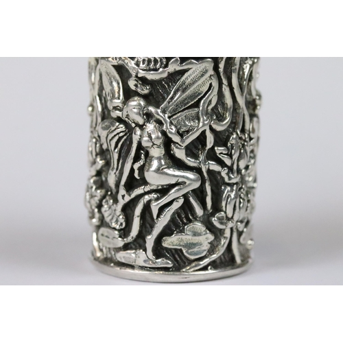 183 - Highly decorated silver pincushion depicting winged nymphs