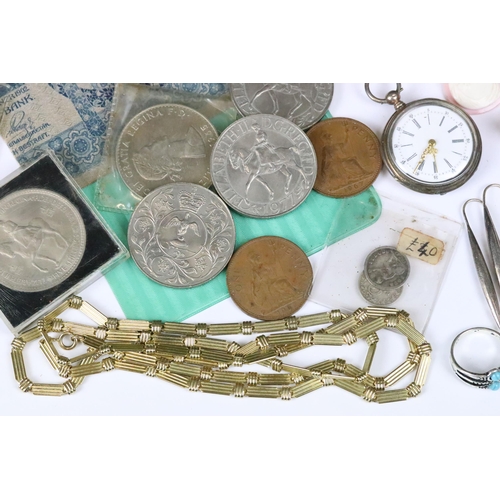 192 - Cigar box and contents including pocket watches, coins, snuff box, cufflinks, jewellery etc