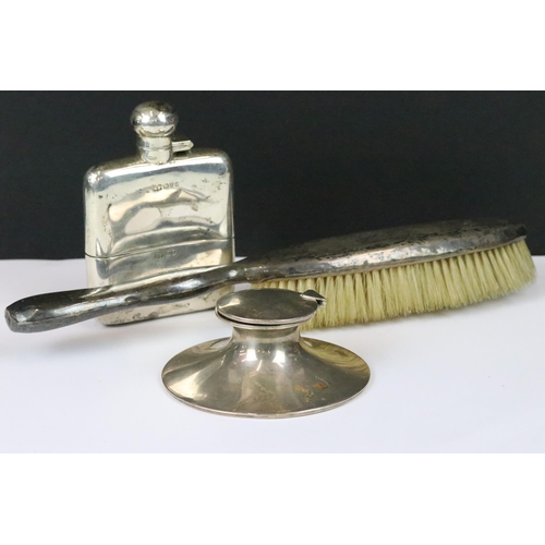 196 - A group of three fully hallmarked sterling silver collectables to include a Hip Flask, capstan ink w... 