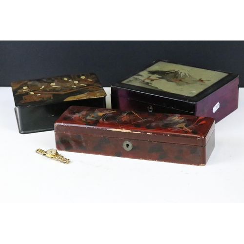 210 - A group of three oriental lacquer ware boxes to include contents of vintage buttons and costume jewe... 