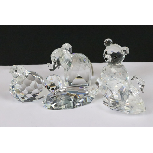 218 - A collection of five loose Swarovski ornamental animal figures to include Elephant, duck, swan...etc... 