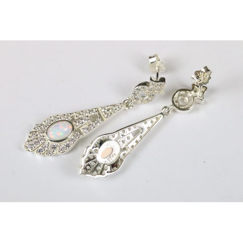 222 - Pair of silver, CZ and opal drop earrings