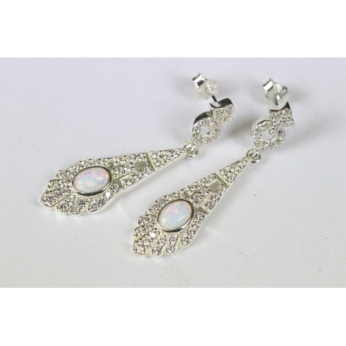 222 - Pair of silver, CZ and opal drop earrings