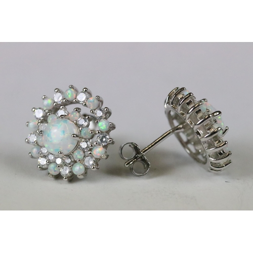 224 - Pair of silver, CZ and opal panelled cluster earrings