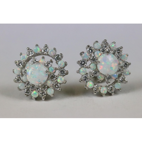 224 - Pair of silver, CZ and opal panelled cluster earrings