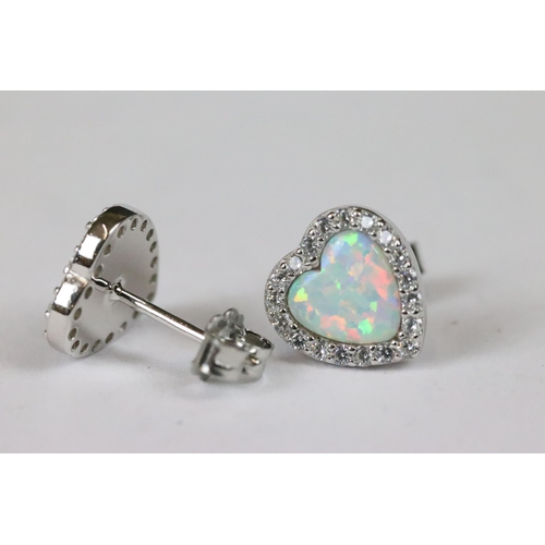 225 - Pair of heart shaped, CZ and opal earrings