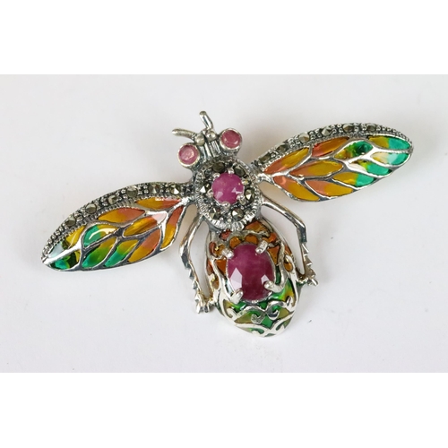 226 - Silver and plique-a-jour bug brooch with ruby cabachon