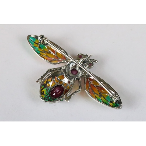 226 - Silver and plique-a-jour bug brooch with ruby cabachon