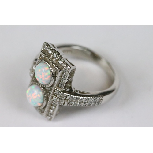 229 - Silver CZ and opal panelled Art Deco style ring