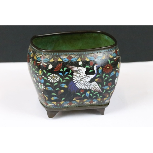 252 - A pair of antique Cloisonne enamel oriental vases with stork and floral decoration.