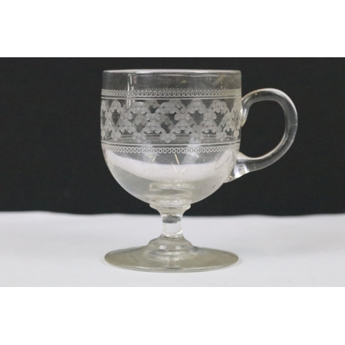 255 - Set of six Edwardian hand etched swirl design, handled and footed custard cups, H 8cm