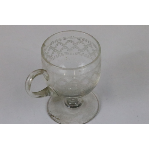 255 - Set of six Edwardian hand etched swirl design, handled and footed custard cups, H 8cm