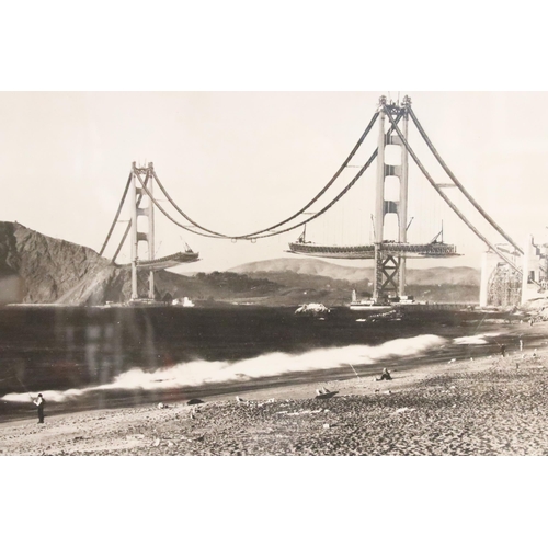 482 - Monochrome photograph depicting the building of the Golden Gate Bridge, San Francisco, 25 x 38cm tog... 