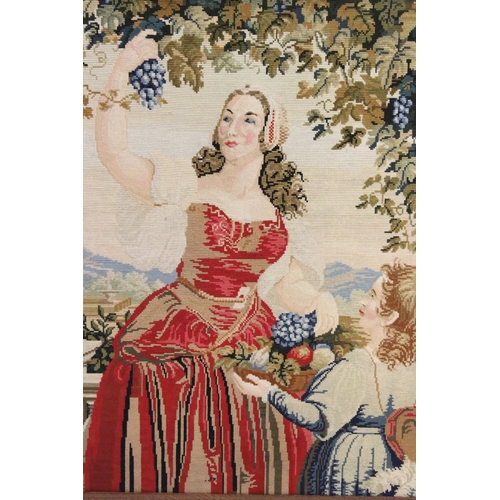 483 - 19th century needle point tapestry embroidery depicting mother with girl picking grapes, 73 x 60cm, ... 