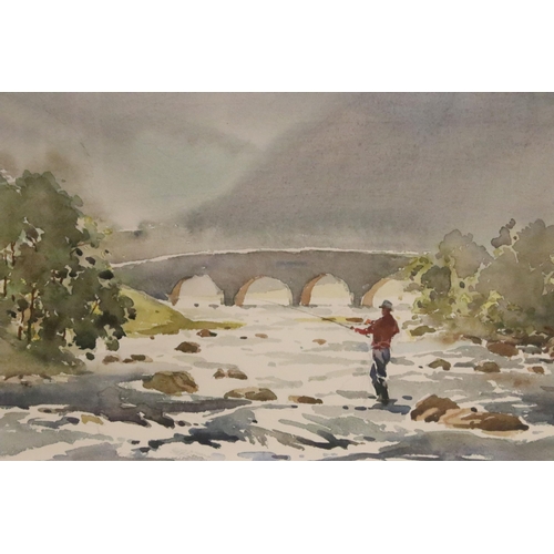 485 - Frank Duffield (British, 1908 - 1982), fly fisherman casting, watercolour, signed lower left, label ... 