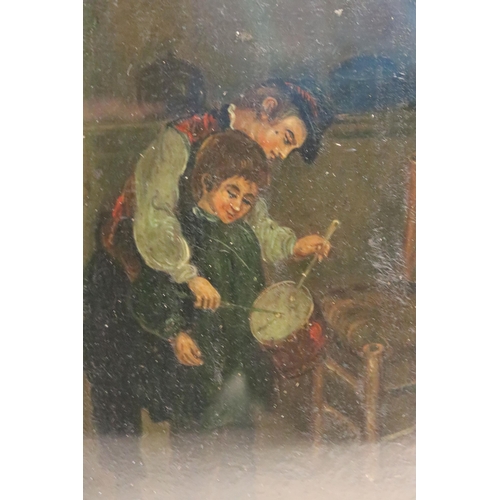 491A - 19th century English school, father teaching his son to play the drum, oil on board, 22.5 x 17.5cm, ... 