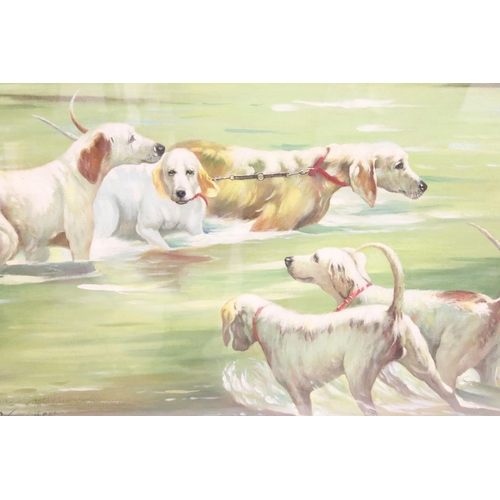 497 - English school, study of five hunting dogs in a river, oil on board, indistinctly signed lower left,... 