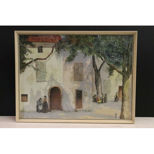 502 - R Eves, Continental street scene with figures, watercolour, signed lower right, 38.5 x 51.5cm, frame... 