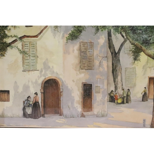 502 - R Eves, Continental street scene with figures, watercolour, signed lower right, 38.5 x 51.5cm, frame... 