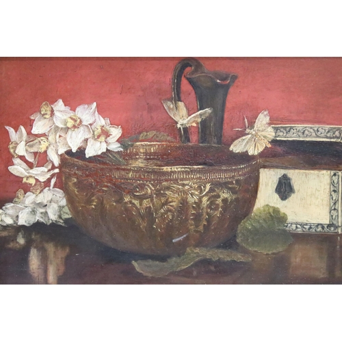 508 - 19th / early 20th century, still life study with flowers, butterflies, bowl, flask and casket, oil o... 