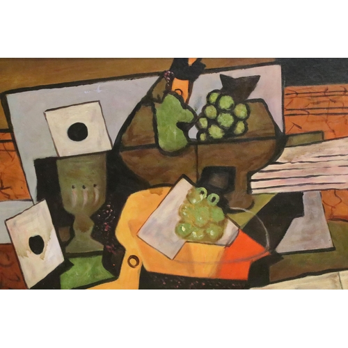 454 - Abstract study of fruit and pottery ware on a table, oil on canvas,40 x 60cm, framed