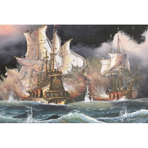 463 - J Harvey (20th century), maritime battle scene, oil on canvas, signed lower right, 29 x 39.5cm, gilt... 