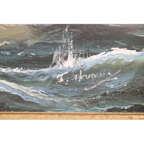 463 - J Harvey (20th century), maritime battle scene, oil on canvas, signed lower right, 29 x 39.5cm, gilt... 