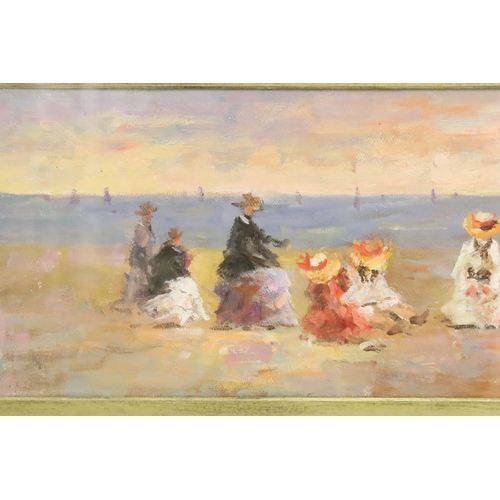 470 - Extensive Impressionist Victorian beach gathering, oil painting, 22.5 x 29.5cm, gilt framed