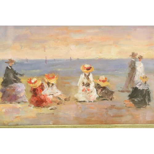 470 - Extensive Impressionist Victorian beach gathering, oil painting, 22.5 x 29.5cm, gilt framed