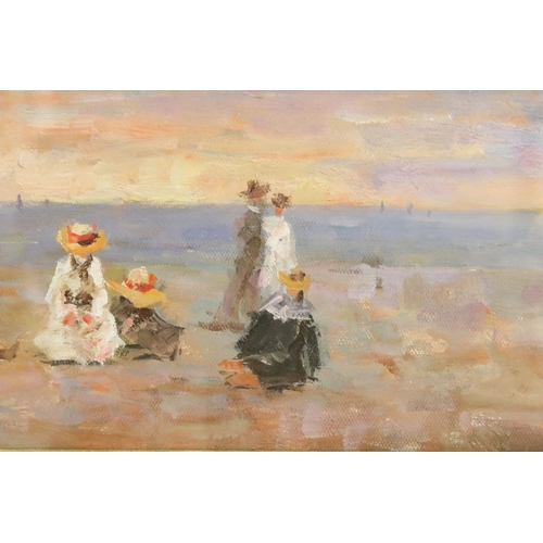 470 - Extensive Impressionist Victorian beach gathering, oil painting, 22.5 x 29.5cm, gilt framed