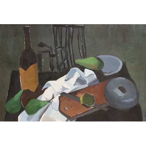 473 - Still life table setting with fruit, bowl and bottle, 41 x 60cm, studio framed