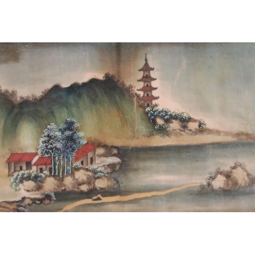 529 - Oriental school, a pair: landscape scenes with figures, house and pagoda, colour prints, 16.5 x 28.5... 