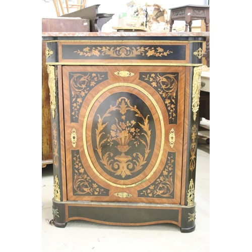 567 - 19th Century marquetry inlaid pier cabinet having a pink marble top with inlaid cupboard door below ... 