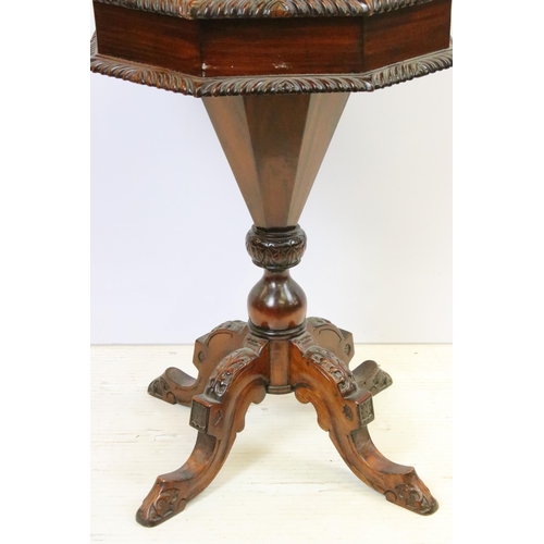 572 - Mahogany sewing box having an octagonal top opening to reveal a compartmentalised interior raised on... 